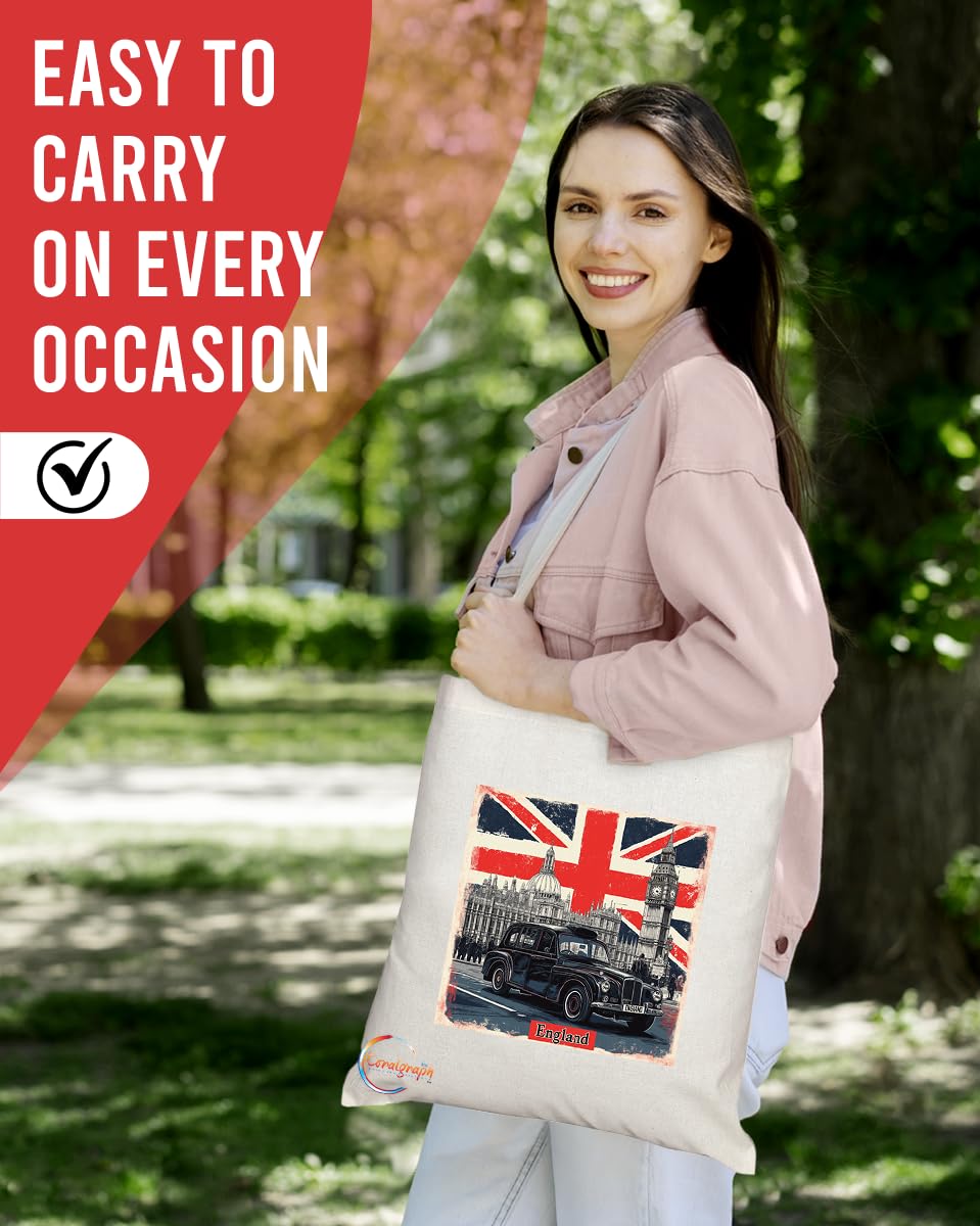 TB2032 - Natural Reusable Shopping Souvenir Tote Bag Featuring England - (Design 4)