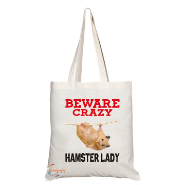 TB389 Beware Crazy Hamster Lady Novelty Present Gift Printed Eco-Friendly Stylish Long Handled Tote Shoulder Bag