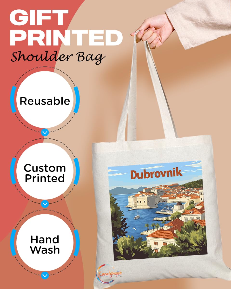 Natural Reusable Shopping Souvenir Tote Bag Featuring Popular Cities and Capitals from Europe and Around the World (Dubrovnik)