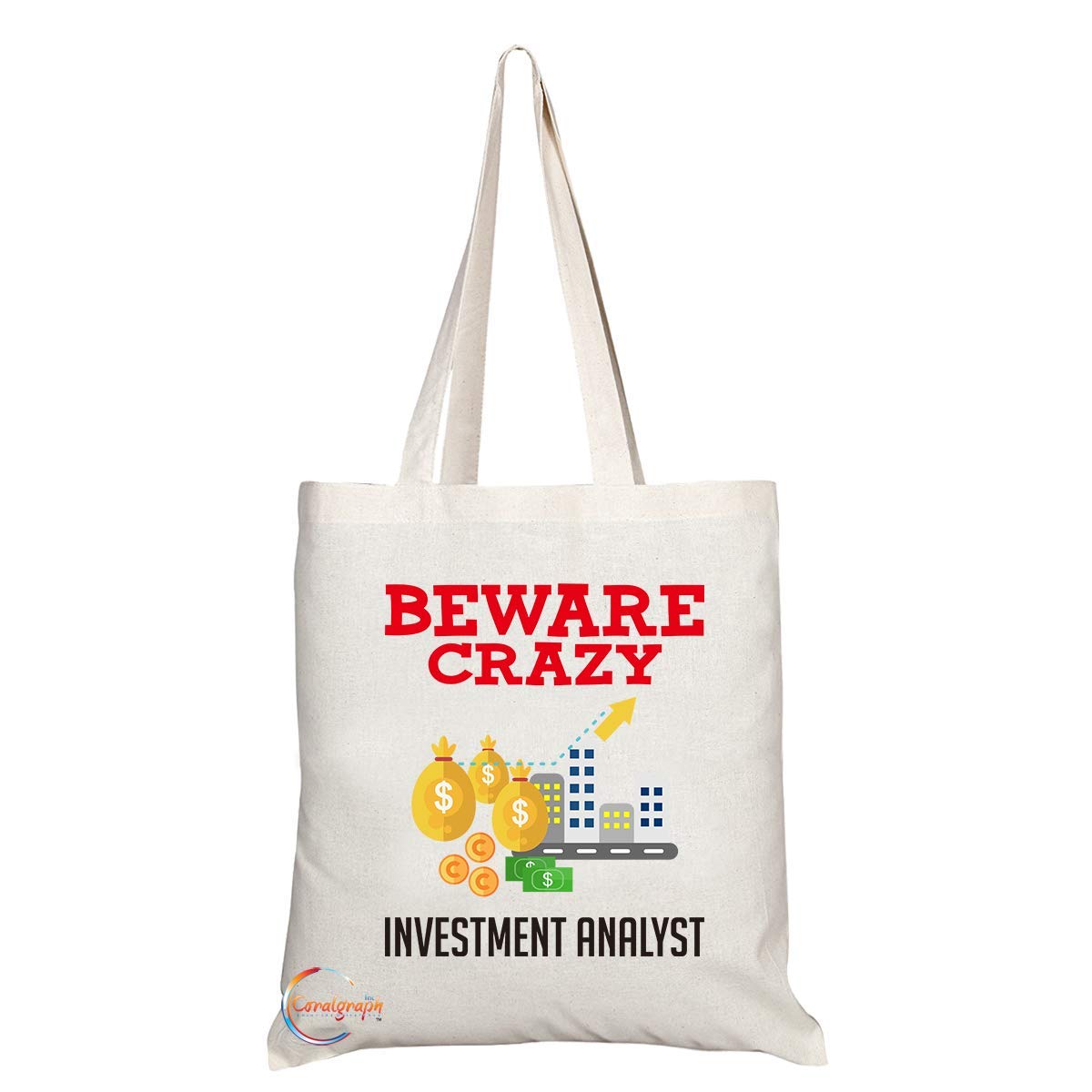TB424 Beware Crazy Investment Analyst Novelty Present Gift Printed Eco-Friendly Stylish Long Handled Tote Shoulder Bag