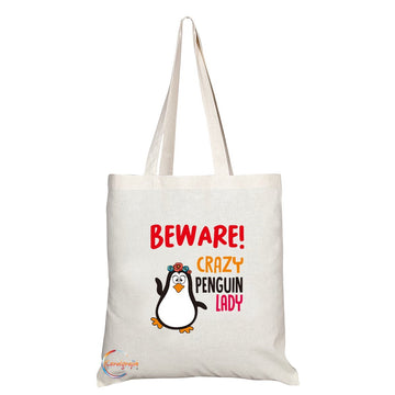 TB234 Beware Crazy Penguin Lady (B) Novelty Present Gift Printed Eco-Friendly Stylish Long Handled Tote Shoulder Bag