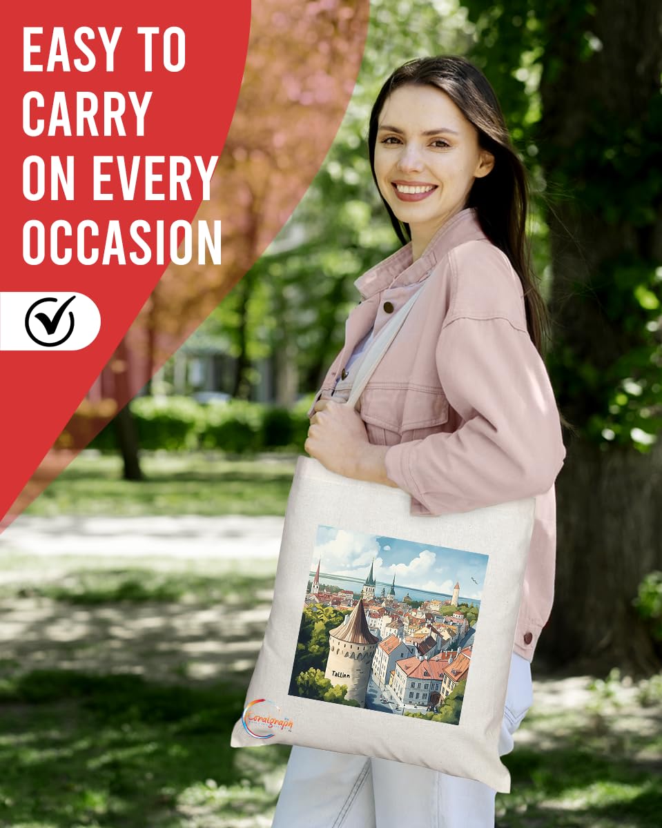 Natural Reusable Shopping Souvenir Tote Bag Featuring Popular Cities and Capitals from Europe and Around the World (Tallinn)