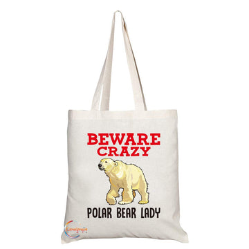 TB365 Beware Crazy Polar Bear Lady Novelty Present Gift Printed Eco-Friendly Stylish Long Handled Tote Shoulder Bag