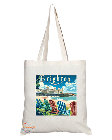 Natural Reusable Shopping Souvenir Tote Bag Featuring Cities and Landmarks in United Kingdom (Brighton Pier)