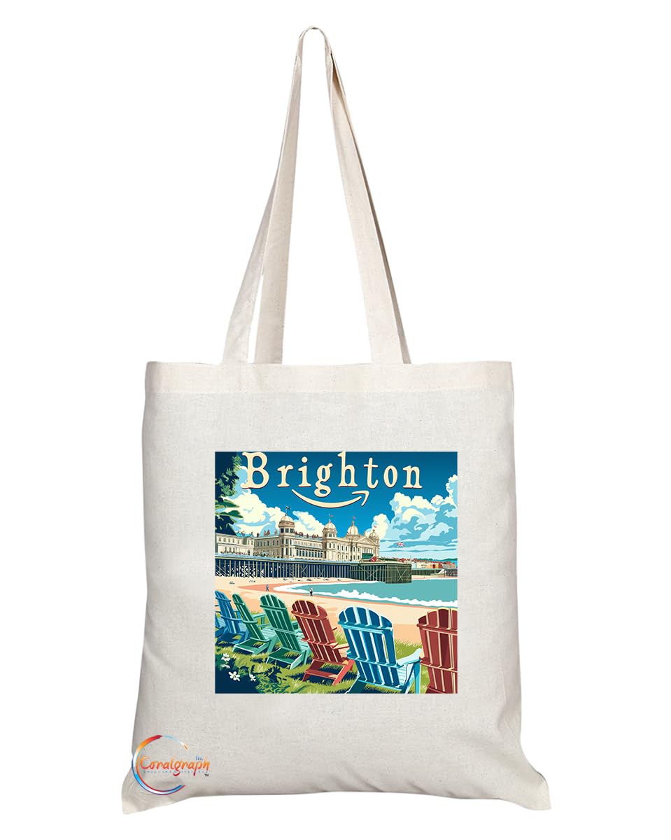 Natural Reusable Shopping Souvenir Tote Bag Featuring Cities and Landmarks in United Kingdom (Brighton Pier)