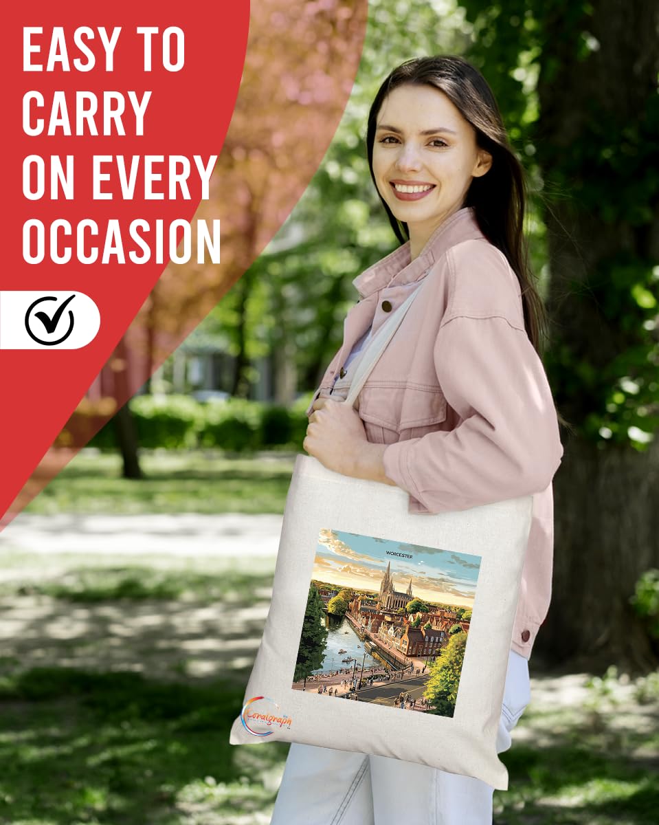 Natural Reusable Shopping Souvenir Tote Bag Featuring Cities and Landmarks in United Kingdom (Worcester)