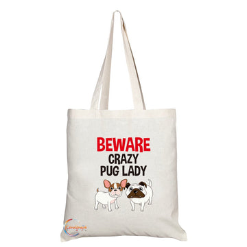 TB230 Beware Crazy Pug Lady Novelty Present Gift Printed Eco-Friendly Stylish Long Handled Tote Shoulder Bag