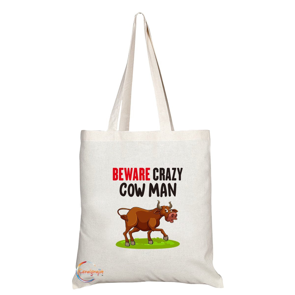 TB284 Beware Crazy Cow Man Novelty Present Gift Printed Eco-Friendly Stylish Long Handled Tote Shoulder Bag
