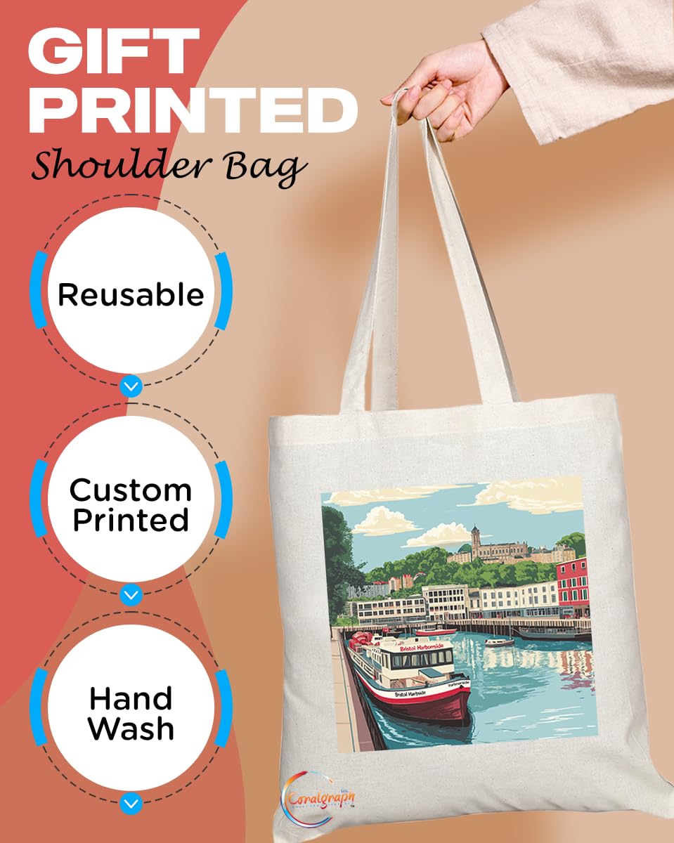 Natural Reusable Shopping Souvenir Tote Bag Featuring Cities and Landmarks in United Kingdom (Bristol Harbourside)