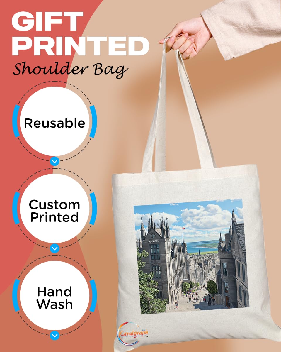 Natural Reusable Shopping Souvenir Tote Bag Featuring Cities and Landmarks in United Kingdom (Aberdeen)