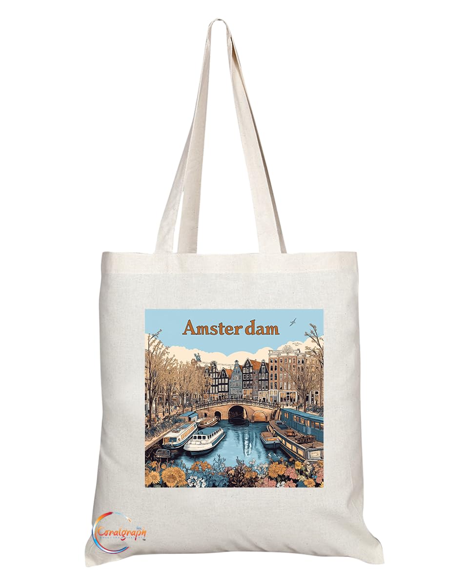 TB2100 - Natural Reusable Shopping Souvenir Tote Bag Featuring Amsterdam City Design