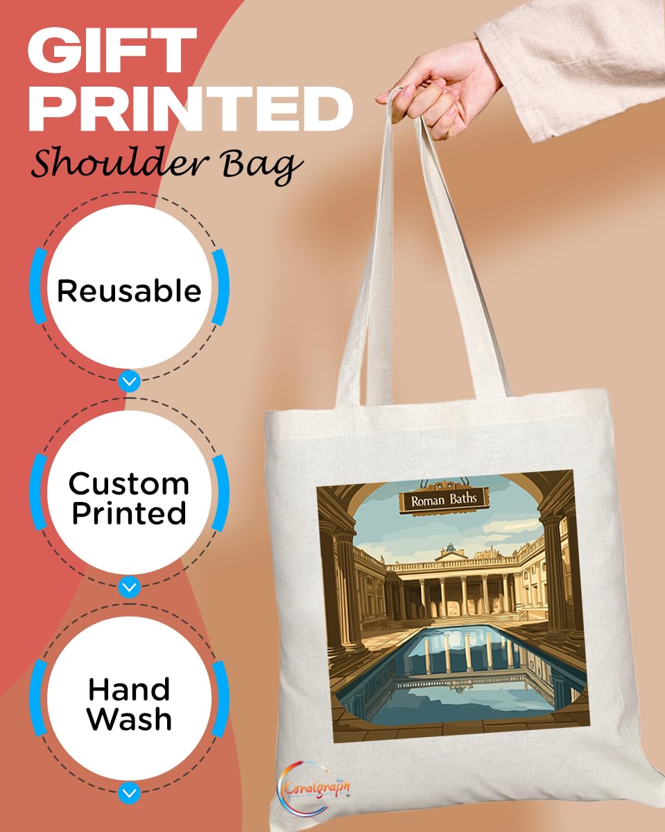 Natural Reusable Shopping Souvenir Tote Bag Featuring Cities and Landmarks in United Kingdom (Bath Roman Baths)