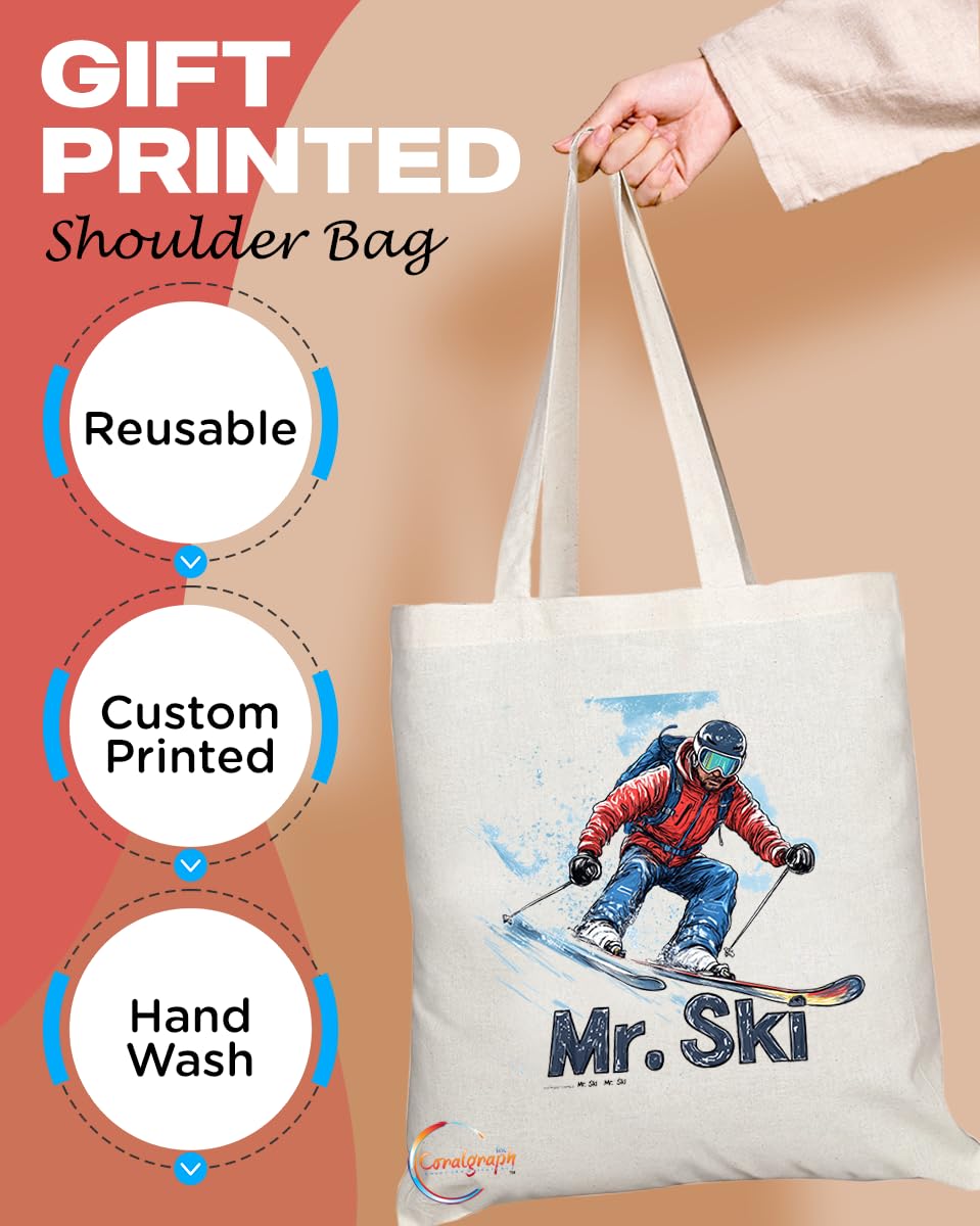 Natural Reusable Shopping Souvenir Tote Bag Featuring Popular Sports Designs from Around the World (Ski)