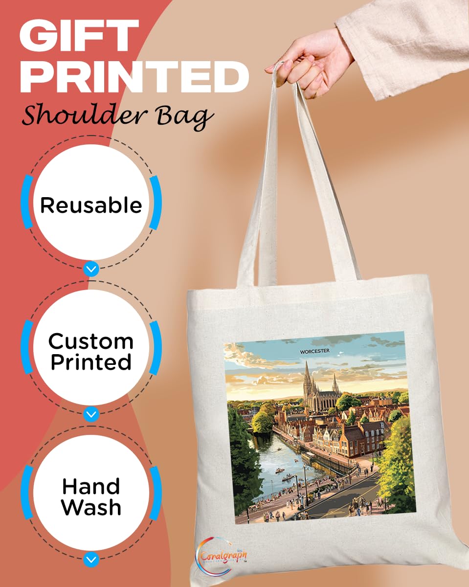 Natural Reusable Shopping Souvenir Tote Bag Featuring Cities and Landmarks in United Kingdom (Worcester)