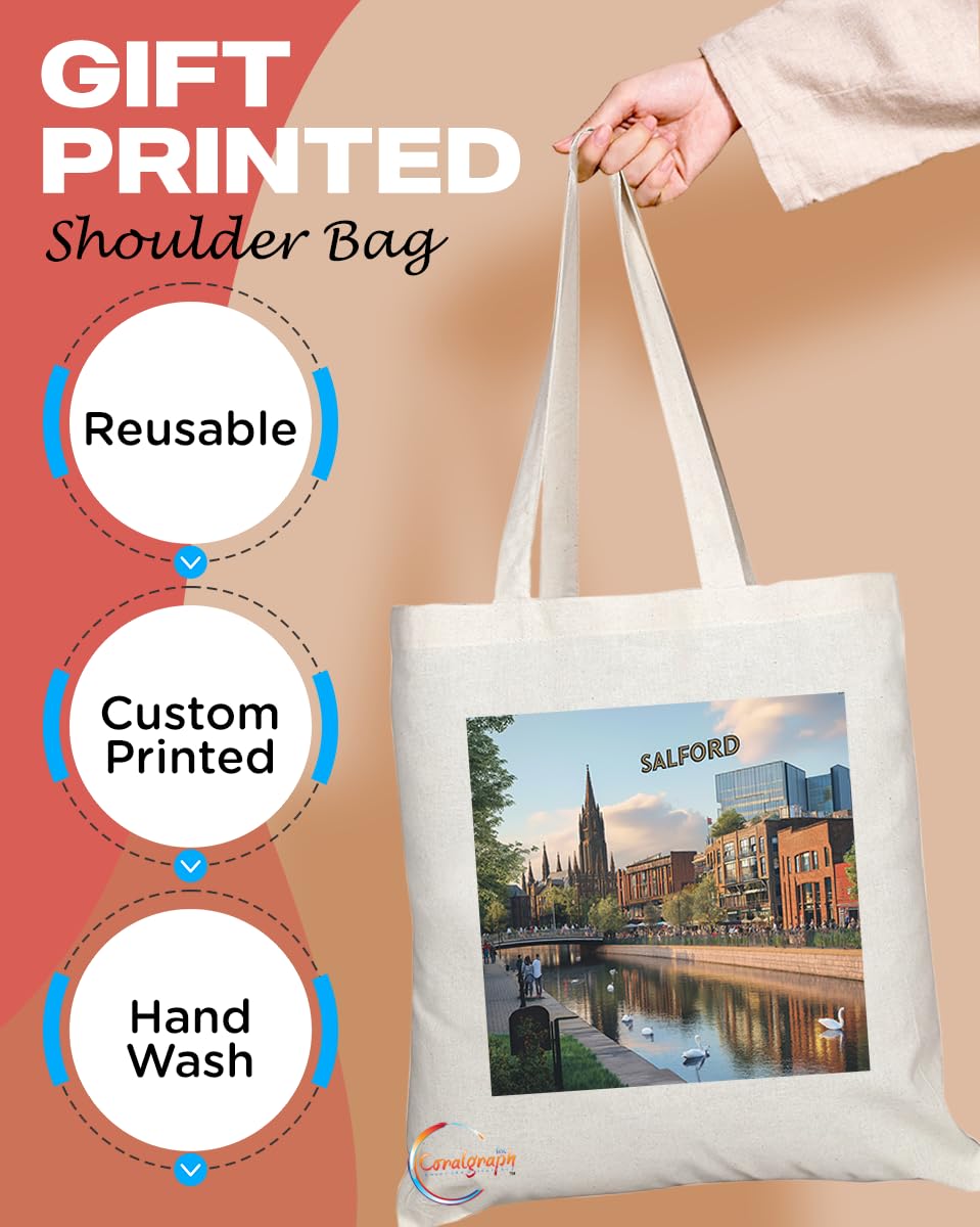 Natural Reusable Shopping Souvenir Tote Bag Featuring Cities and Landmarks in United Kingdom (Salford)