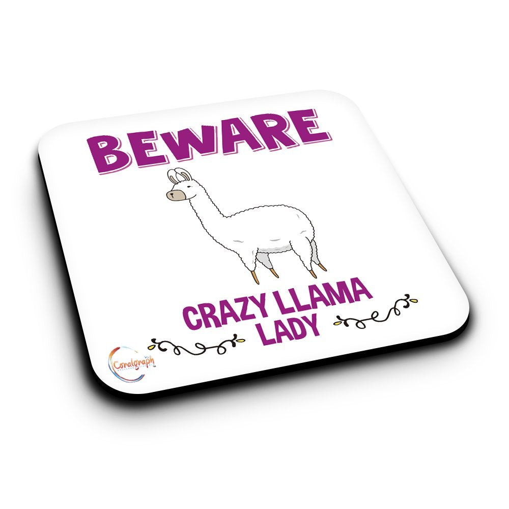 ER450 Beware Crazy Llama Lady Novelty Present Gift Printed MDF Wooden Coaster