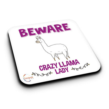 ER450 Beware Crazy Llama Lady Novelty Present Gift Printed MDF Wooden Coaster