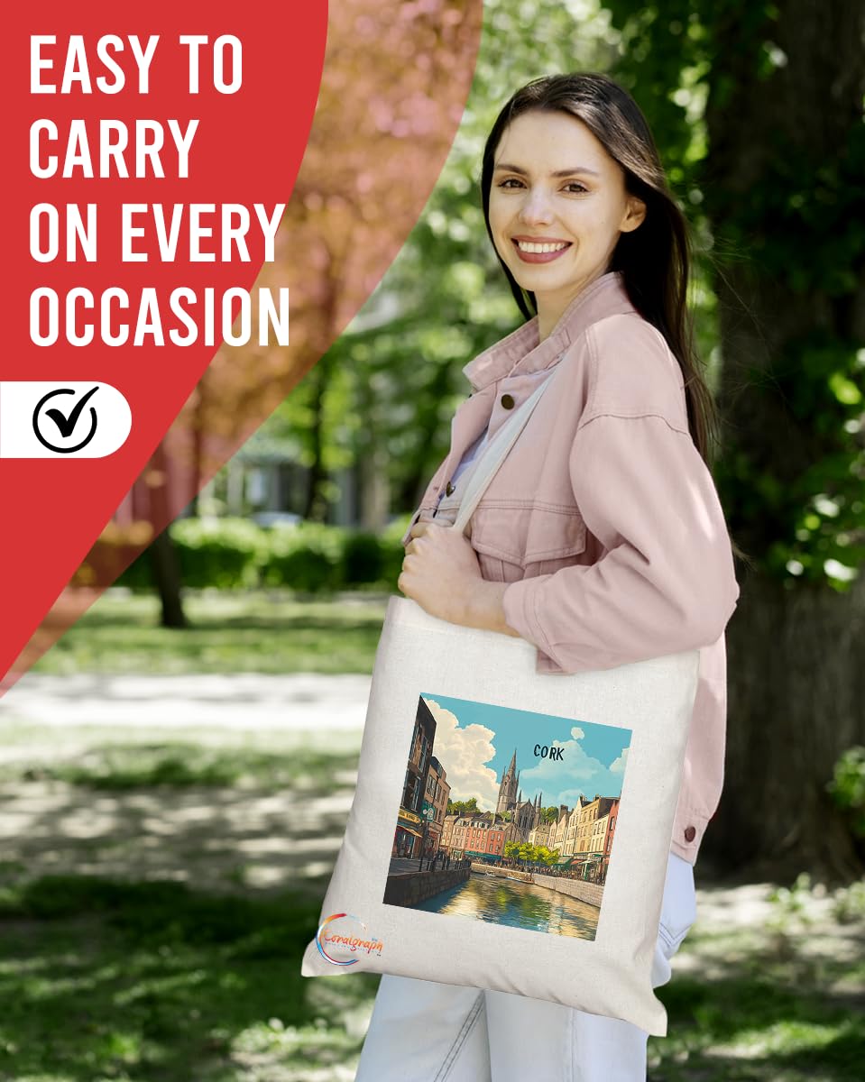Natural Reusable Shopping Souvenir Tote Bag Featuring Cities and Landmarks in United Kingdom (Cork)