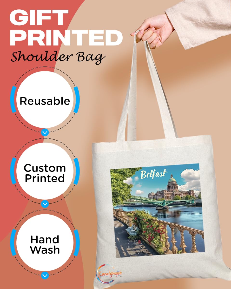 Natural Reusable Shopping Souvenir Tote Bag Featuring Cities and Landmarks in United Kingdom (Belfast Castle)