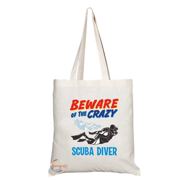 TB1002 Beware of the Crazy Scuba Diver Novelty Present Gift Printed Eco-Friendly Stylish Long Handled Tote Shoulder Bag