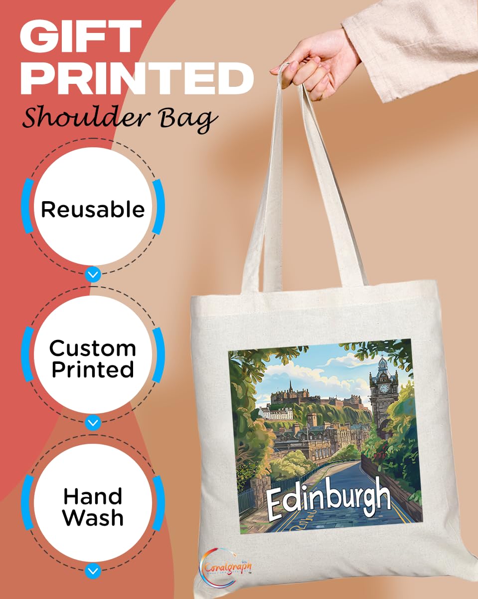 Natural Reusable Shopping Souvenir Tote Bag Featuring Cities and Landmarks in United Kingdom (Edinburgh City)