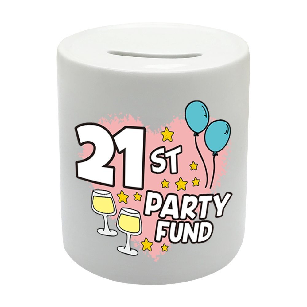 BS059 21st PARTY FUND Novelty Gift Printed Ceramic Piggy Bank Money Saving Box