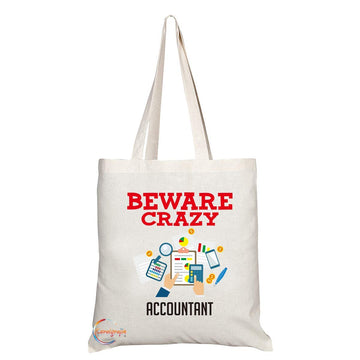 TB340 Beware Crazy Accountant Novelty Present Gift Printed Eco-Friendly Stylish Long Handled Tote Shoulder Bag