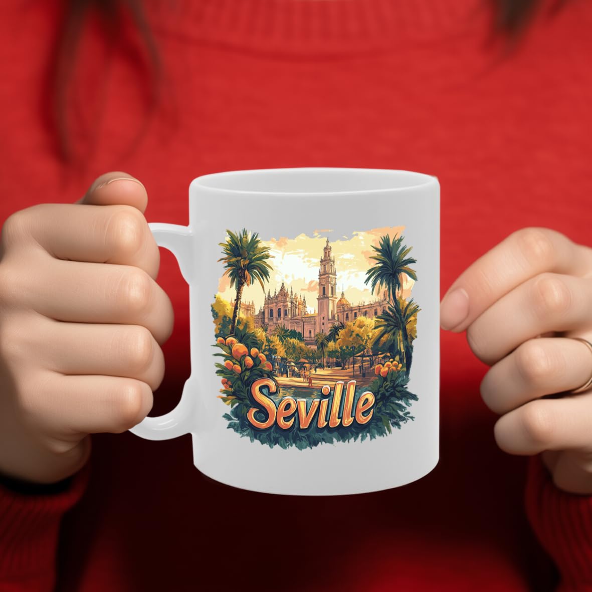 11Oz Dishwasher-Safe Ceramic  Featuring Popular Cities & Capitals From Europe And Around The World (Seville) - Funny Printed Coffee Mug - Great Gift Idea