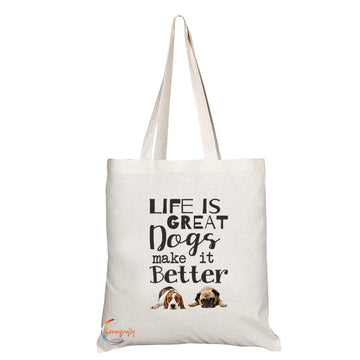 TB673 LIFE IS GREAT Dogs make it Better Novelty Present Gift Printed Eco-Friendly Stylish Long Handled Tote Shoulder Bag