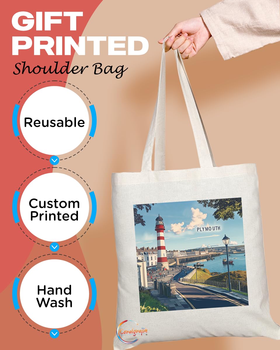 Natural Reusable Shopping Souvenir Tote Bag Featuring Cities and Landmarks in United Kingdom (Plymouth2)