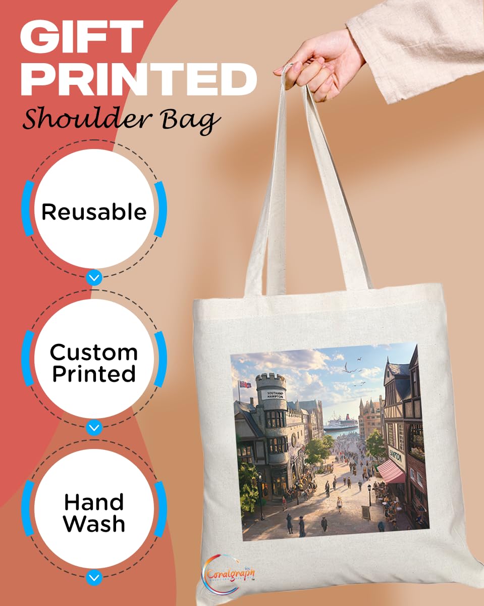 Natural Reusable Shopping Souvenir Tote Bag Featuring Cities and Landmarks in United Kingdom (Southampton2)