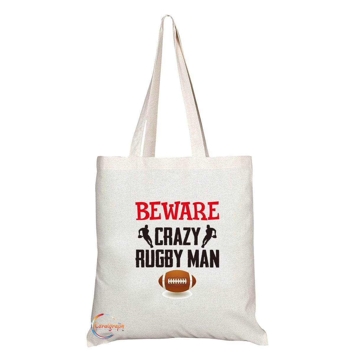 TB225 Beware Crazy Rugby Man Novelty Present Gift Printed Eco-Friendly Stylish Long Handled Tote Shoulder Bag