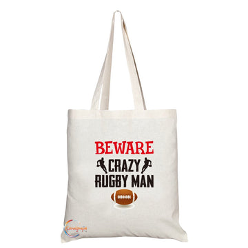 TB225 Beware Crazy Rugby Man Novelty Present Gift Printed Eco-Friendly Stylish Long Handled Tote Shoulder Bag