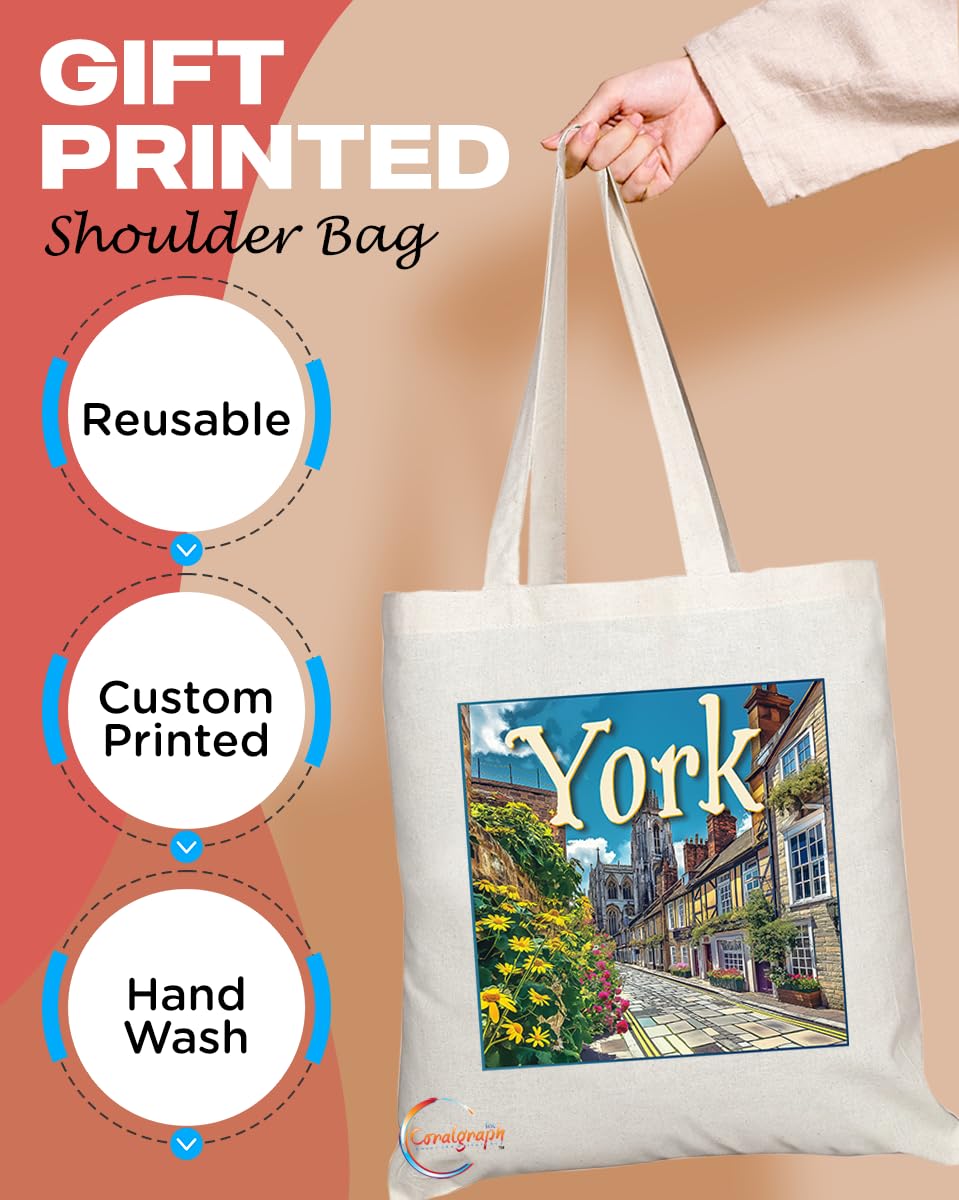 Natural Reusable Shopping Souvenir Tote Bag Featuring Cities and Landmarks in United Kingdom (York)