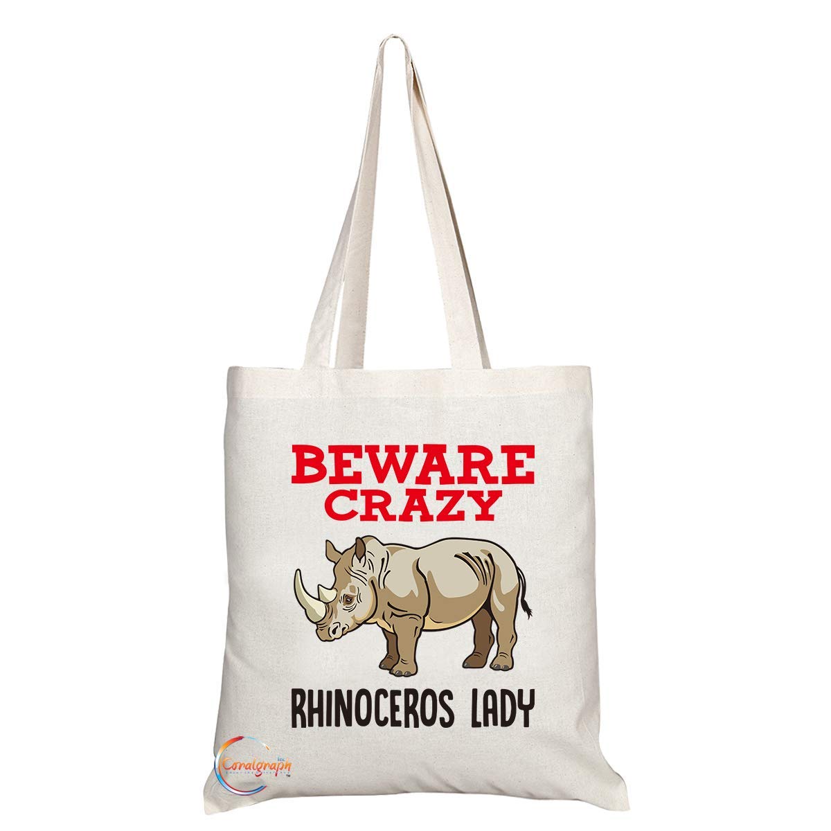 TB363 Beware Crazy Rhinoceros Lady Novelty Present Gift Printed Eco-Friendly Stylish Long Handled Tote Shoulder Bag