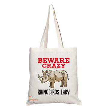 TB363 Beware Crazy Rhinoceros Lady Novelty Present Gift Printed Eco-Friendly Stylish Long Handled Tote Shoulder Bag