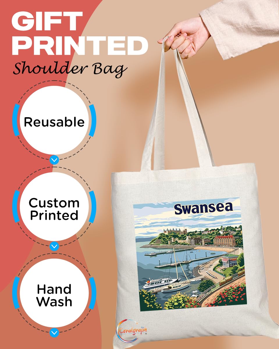 Natural Reusable Shopping Souvenir Tote Bag Featuring Cities and Landmarks in United Kingdom (Swansea Bay)