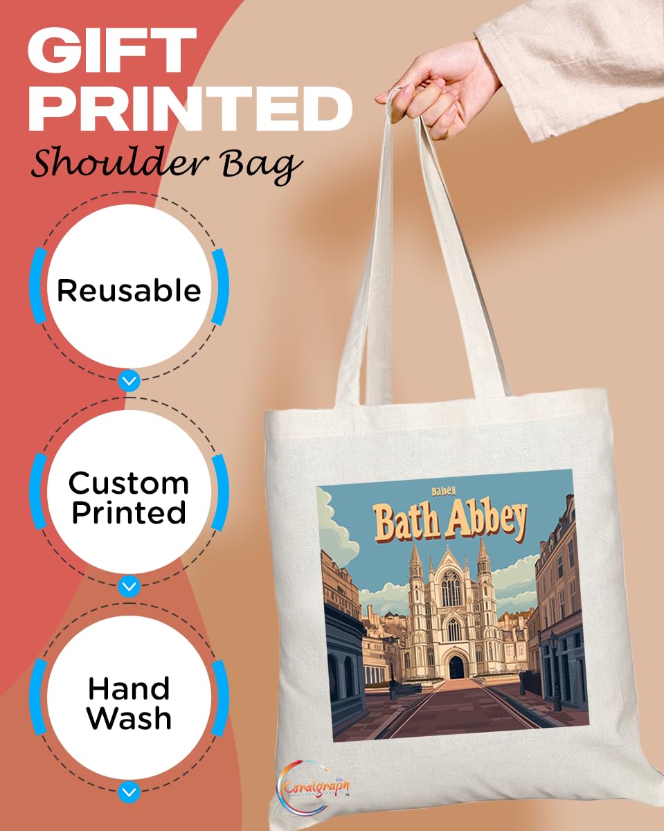 Natural Reusable Shopping Souvenir Tote Bag Featuring Cities and Landmarks in United Kingdom (Bath Abbey)