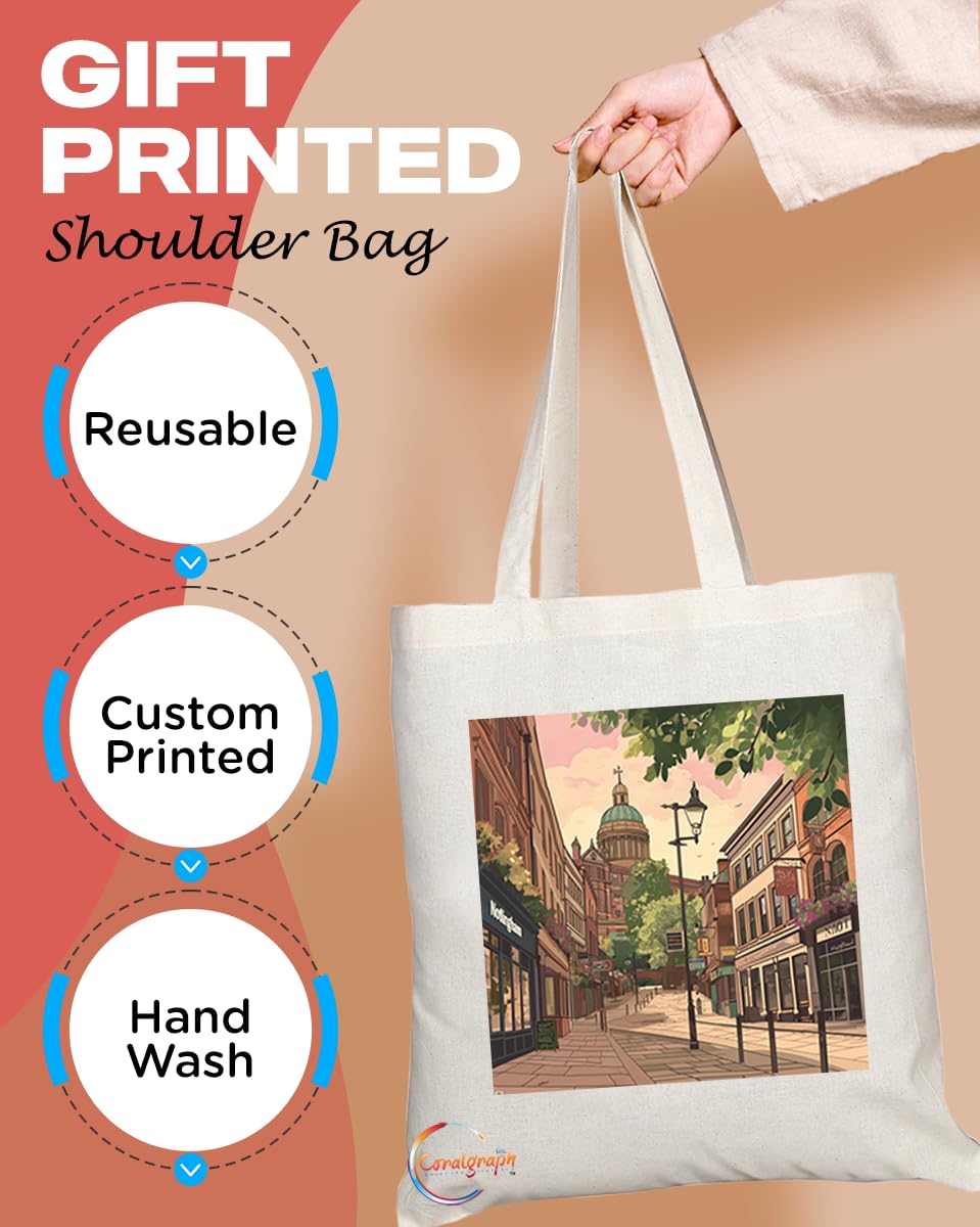 Natural Reusable Shopping Souvenir Tote Bag Featuring Cities and Landmarks in United Kingdom (Nottingham)
