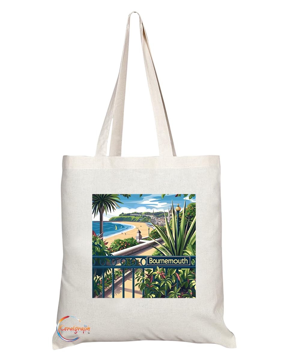 Natural Reusable Shopping Souvenir Tote Bag Featuring Cities and Landmarks in United Kingdom (Bournemouth)