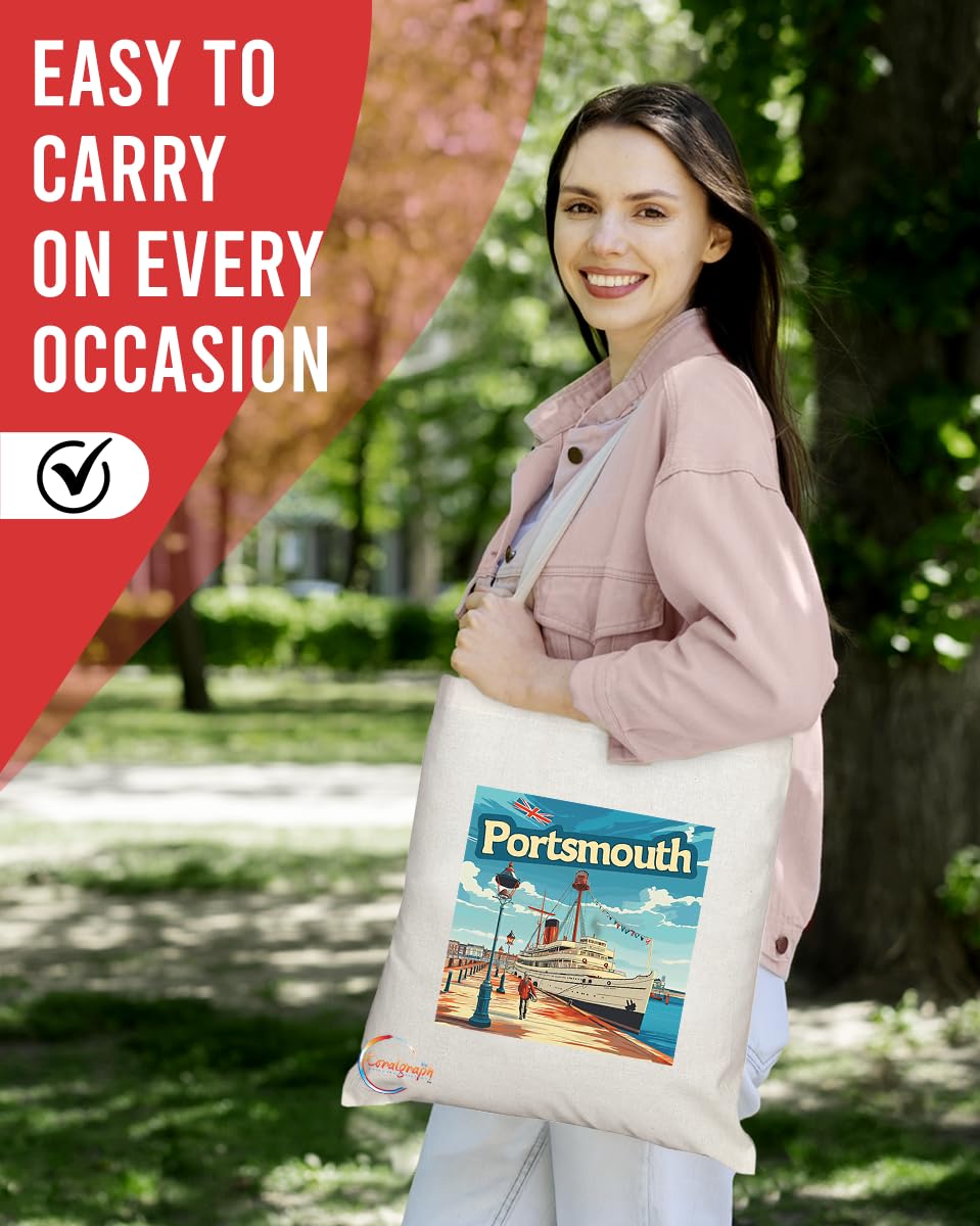 Natural Reusable Shopping Souvenir Tote Bag Featuring Cities and Landmarks in United Kingdom (Portsmouth2)