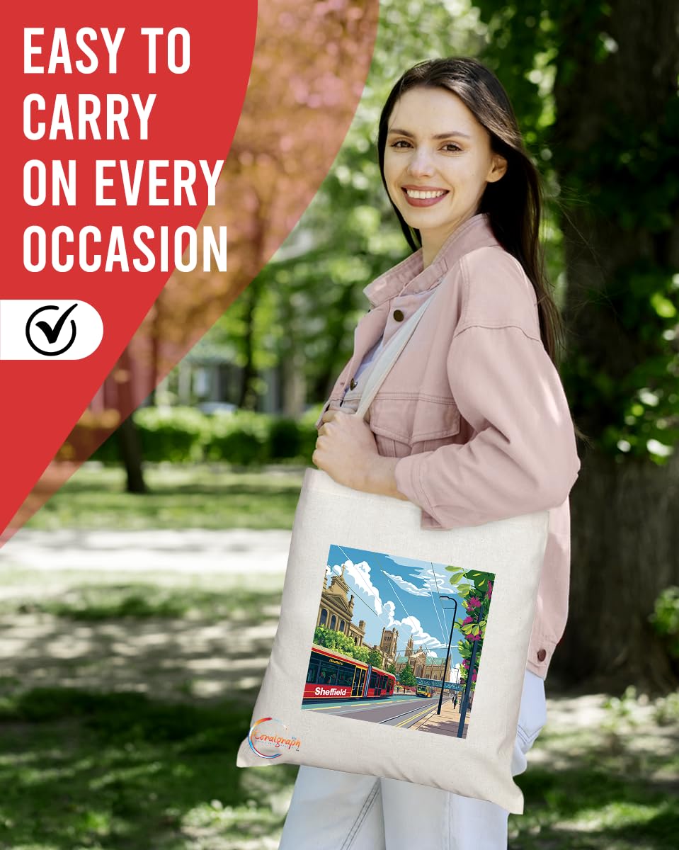 Natural Reusable Shopping Souvenir Tote Bag Featuring Cities and Landmarks in United Kingdom (Sheffield)