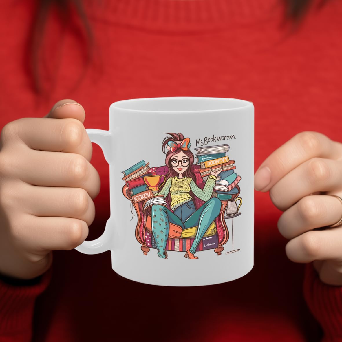 Ms Bookworm Ceramic  - Ideal For Avid Readers, Literature Lovers, And Book Enthusiasts - 11Oz Coffee  With Charming Design Mg6271 - Funny Printed Coffee Mug - Great Gift Idea