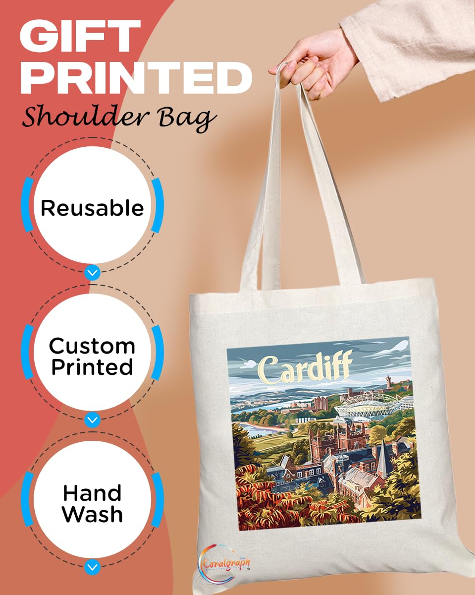 Natural Reusable Shopping Souvenir Tote Bag Featuring Cities and Landmarks in United Kingdom (Cardiff City)