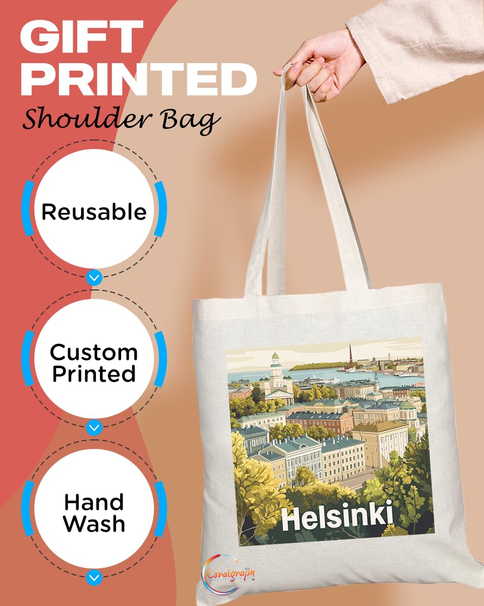Natural Reusable Shopping Souvenir Tote Bag Featuring Popular Cities and Capitals from Europe and Around the World (Helsinki)