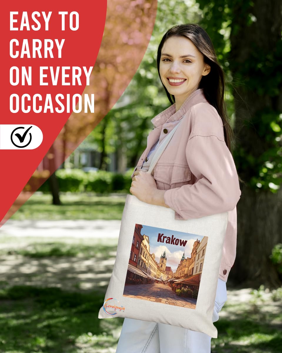 Natural Reusable Shopping Souvenir Tote Bag Featuring Popular Cities and Capitals from Europe and Around the World (Krakow)