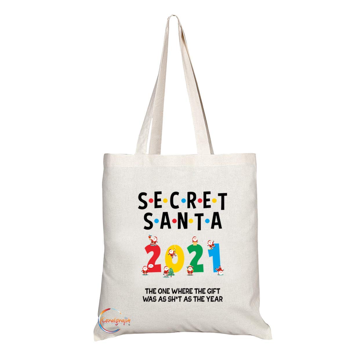 TB504 SECRET SANTA 2021 Novelty Present Gift Printed Eco-Friendly Stylish Long Handled Tote Shoulder Bag