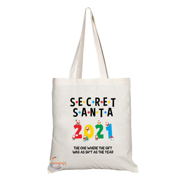 TB504 SECRET SANTA 2021 Novelty Present Gift Printed Eco-Friendly Stylish Long Handled Tote Shoulder Bag