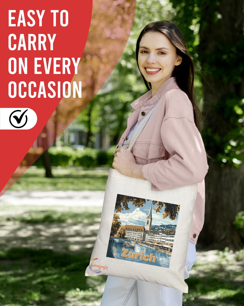 Natural Reusable Shopping Souvenir Tote Bag Featuring Popular Cities and Capitals from Europe and Around the World (Zurich)
