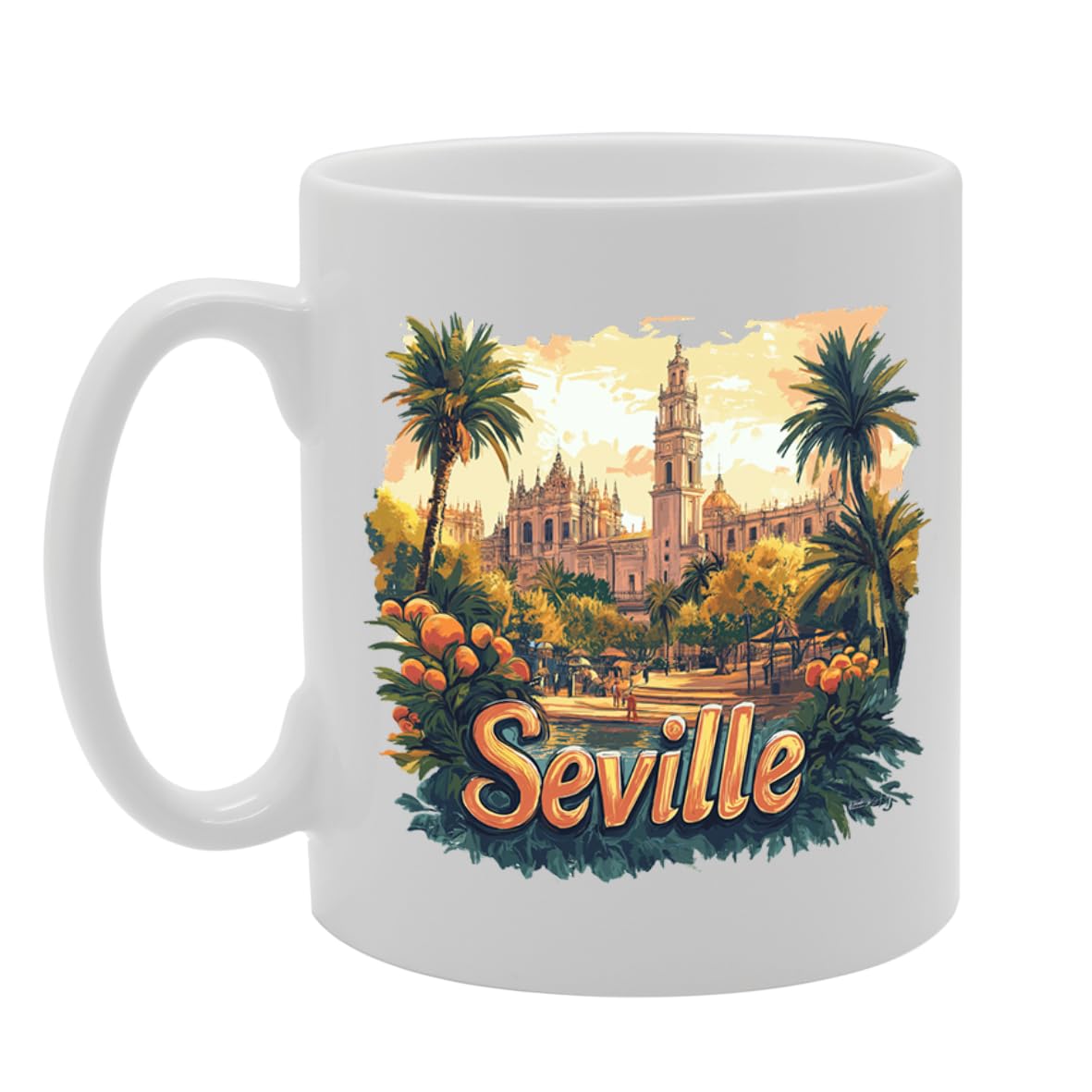 11Oz Dishwasher-Safe Ceramic  Featuring Popular Cities & Capitals From Europe And Around The World (Seville) - Funny Printed Coffee Mug - Great Gift Idea